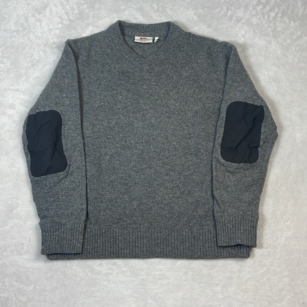 Fjallraven Ovik Men's Sweater Grey Size XL Wool V-Neck Elbow Patches Pullover